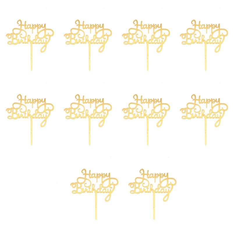 Decoración Para tarta de cumpleaños, 10 Uds., Topper para tarta de feliz cumpleaños, cartel para Oro Acrílico, pastel, Cupcake, decoración para pastel de cumpleaños: Oro