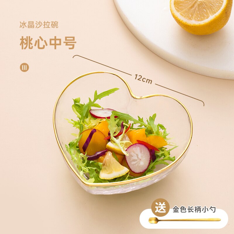 Bord doré coeur pêche ménage saladier bol en verre assiette transparent dessert fruits style japonais salade vaisselle: medium heart shape