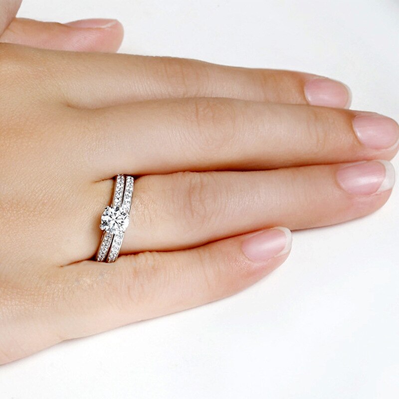 Simple white gold Luxury 2 Piece Bijoux Wedding Lovers Rings Set Cubic Zirconia Jewelry for Women Party As