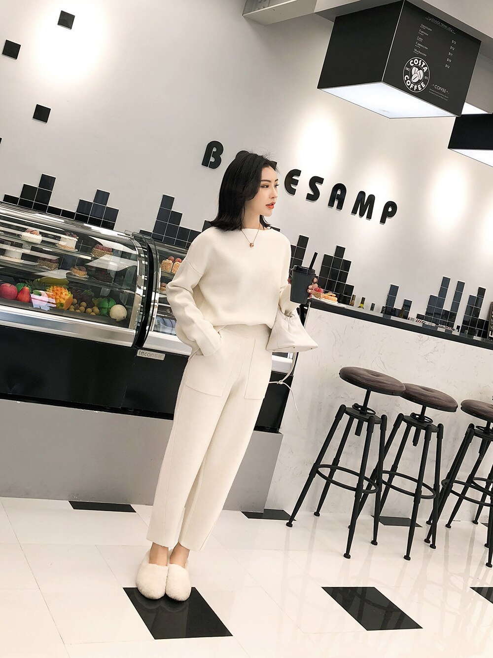 Women's Winter Warm Cool Sport Suit Loose Wide Leg Pants Sweater Two Piece Suit Solid Long Sleeve Sportwear: White / S