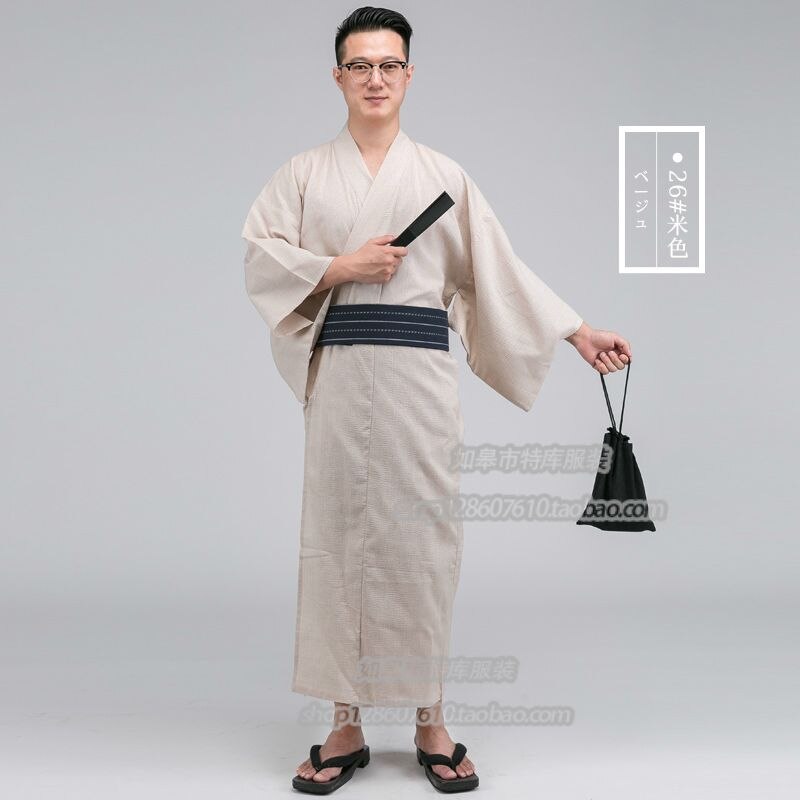 Kimono japonés tradicional de otoño con Obi y bolsa Albornoz de algodón 100% para hombre Kimono para hombre bata de dormir 101101