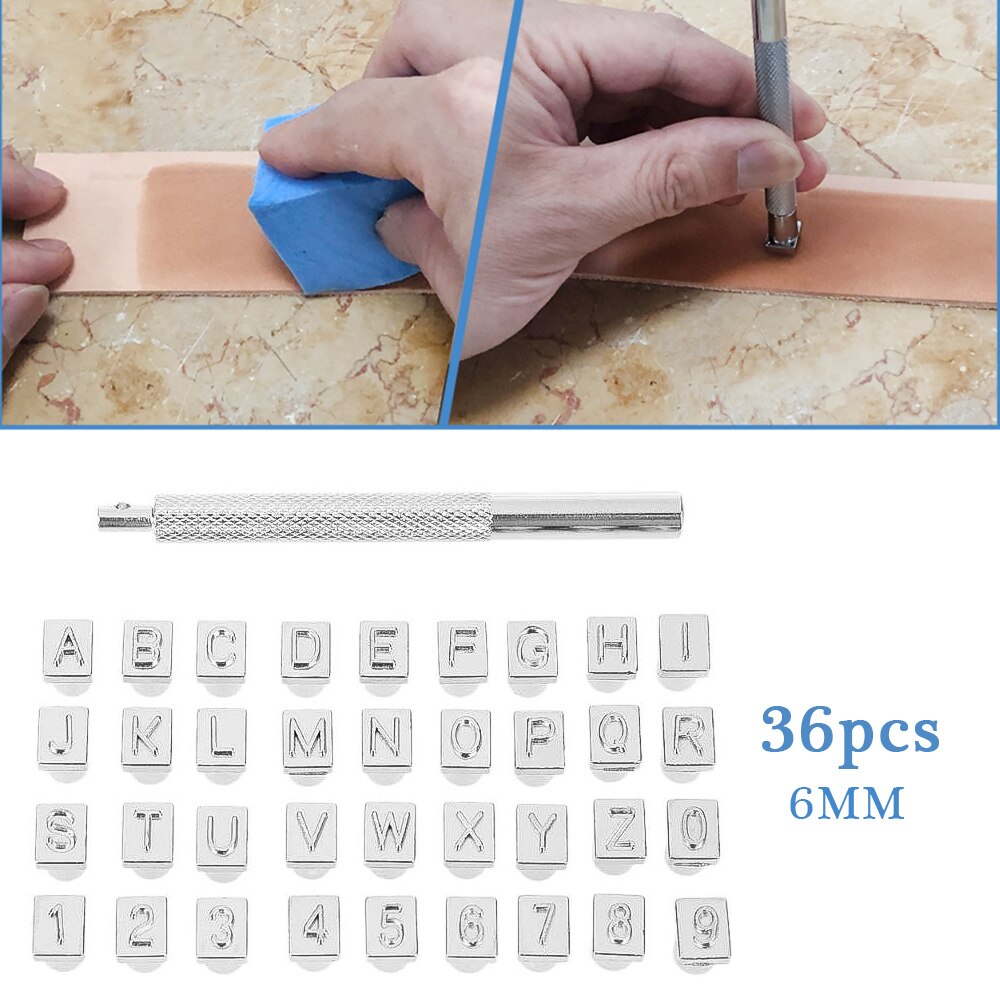 36Stck Alphabet knapp Leder Stempel einstellen Stahl schlagen Metall Leder Stanzen Werkzeuge Für DIY Leder Handwerk Werkzeuge 3mm/6mm: 6mm