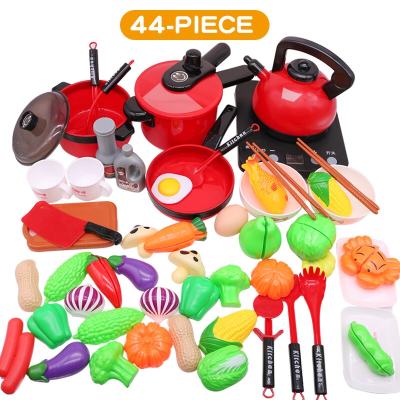 10-44Pieces Children Kitchen Toy Set Cookware Pot Pan Kids Pretend Cook Play Toy Simulation Kitchen Utensils Toys Children: 44pcs red