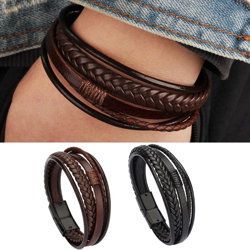 Mens Brown Leather Engraved Identity Bracelet – Personalised Fathers Day Gift, Stainless Steel Detail