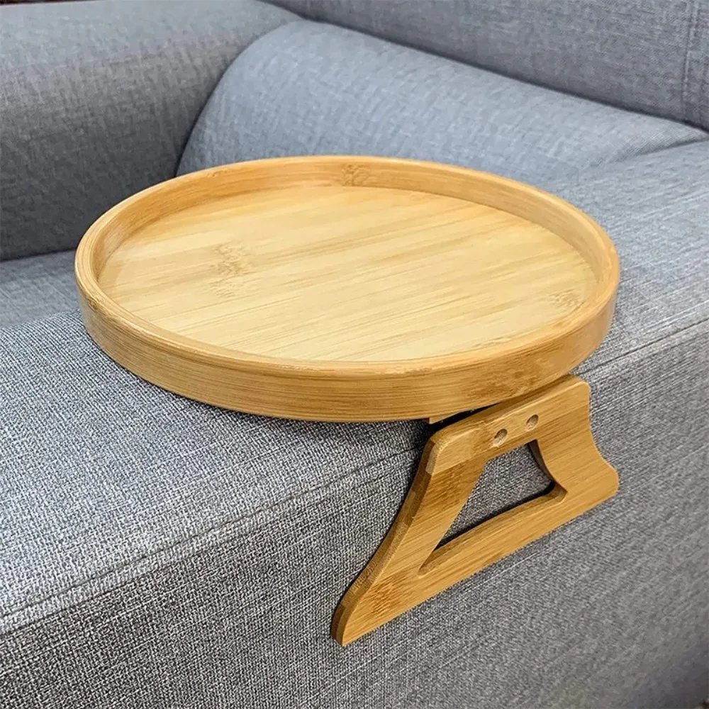 Bandeja para sofá, mesa, bandeja para sofá de madera Natural, práctico y portátil, reposabrazos para sofá, placa multifuncional para aperitivos de frutas perezosas con Clip