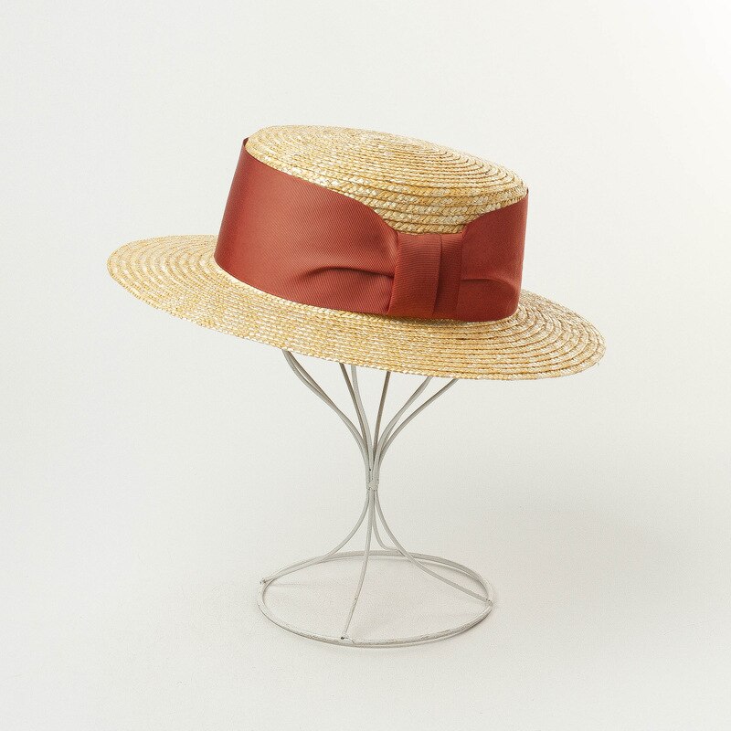 100% Wheat Straw Timeless Grosgrain Ribbon Decorated Canotier Boater Flat Top Sun Hat