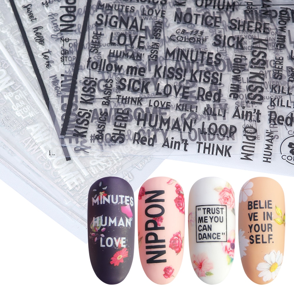 1pc holle letters nail art stickers 3d zwart wit zilveren zelfklevende decal nagel wrap decoratie tips stijl accessoires lacb 122-124