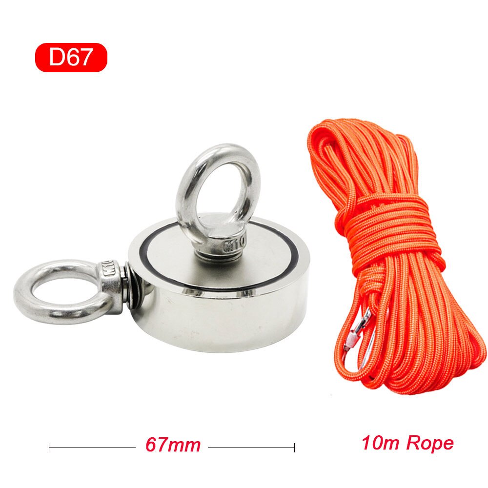 Stark neodymmagnet dubbelsidig sökmagneter krok superkraft räddning havsfiske magnetisk hållare max pull 200kg med ring: D67 och rep