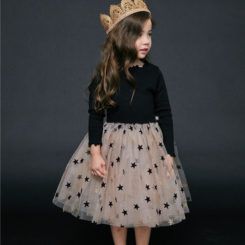 Winter Autumn Girls Dress Long Sleeve Flare Sleeve Solid Black Red Dress Star Shiny Dress For Girls Baby Clohting