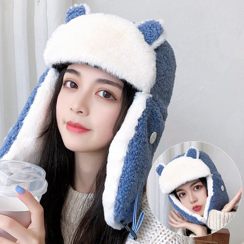 HT3375-gorro ruso de lana de oveja gruesa y cálida con máscara para mujer, gorro de invierno con orejera de esquí, gorra de cazador: Azul