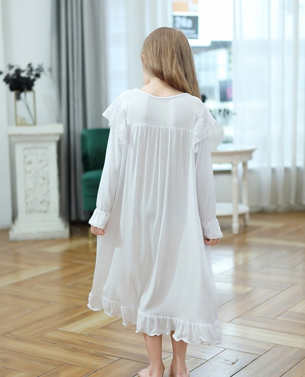 Kids Girls Night Dress Long-Sleeved Modal Long Princess Leisure Vestidos De Noche Sleepwear Night Gown Pajamas for Girls