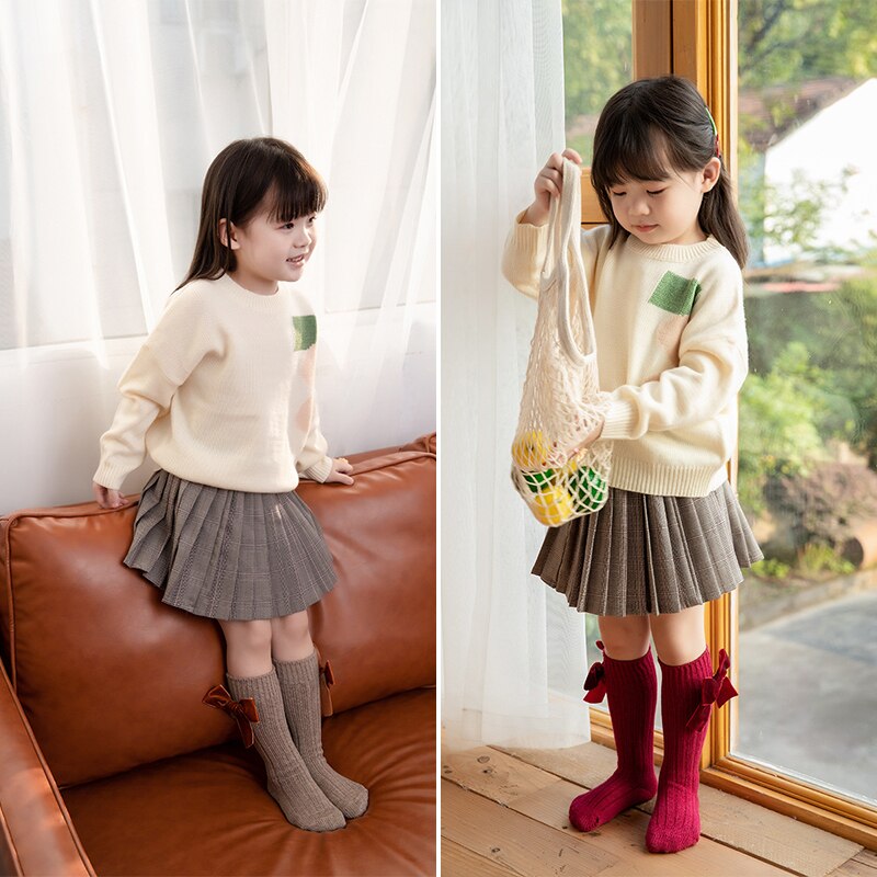 Winter Herfst Katoenen Breien Baby Meisje Panty Leuke Grote Bows Peuter Meisjes Enkel Lange Sokken 0-24 Maanden strik Panty