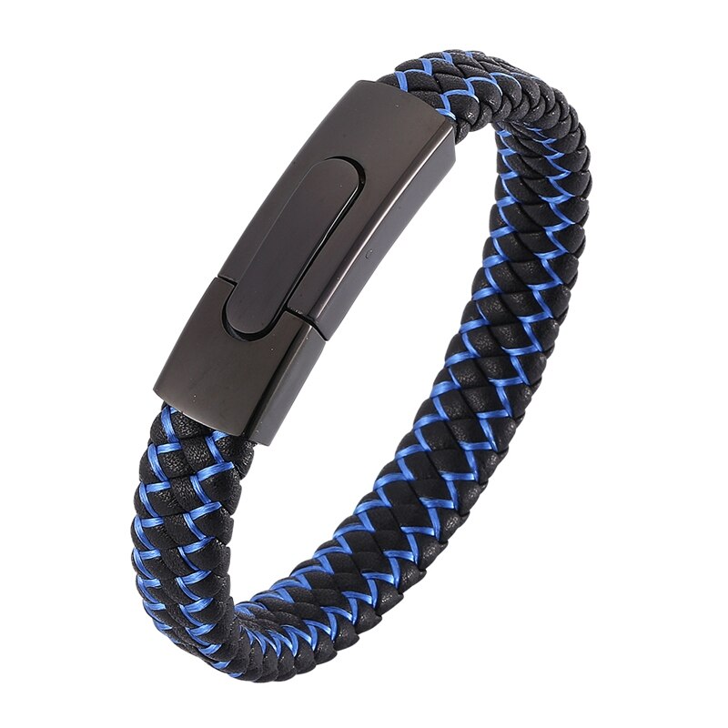 Fortafy Mannen Sieraden Zwart Lederen Touw Blauw Nylon Touw Gemengde Weave Mannelijke Armband Rvs Sluitingen Man Armbanden FR0045: Black color clasp / Inner Perimeter205mm