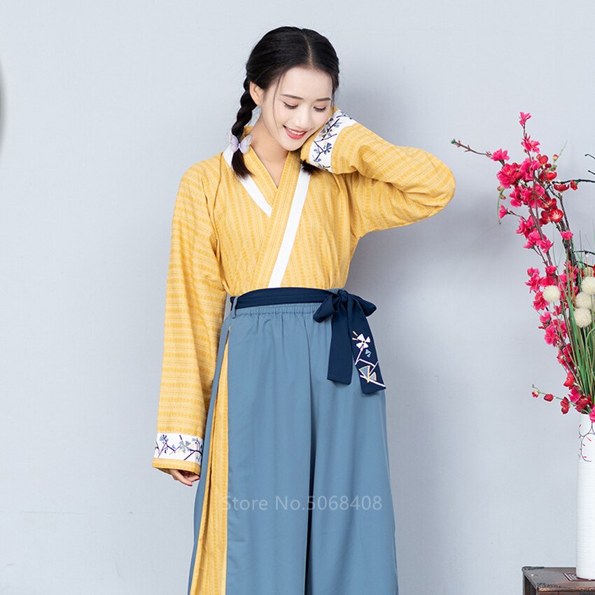 Japanese Style Kimono Dress for Women Retro Lace Up Haori Embroidery Yukata Top Wide Leg Pants Asian Dance Costume
