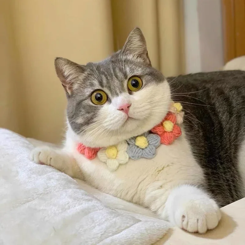 Cat Dog Knitted Collar Crochet Collar Ins Style Pet Drool Scarf Bib Flower Accessories Pure hand knitting