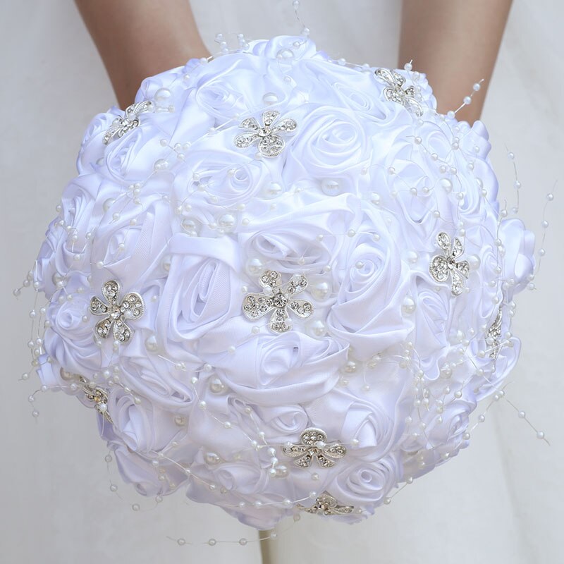 16styles white wedding bride holding flowers artificial bouquet ribbon rhinestone pearl bouquet decoration bride groom dance: Style 12