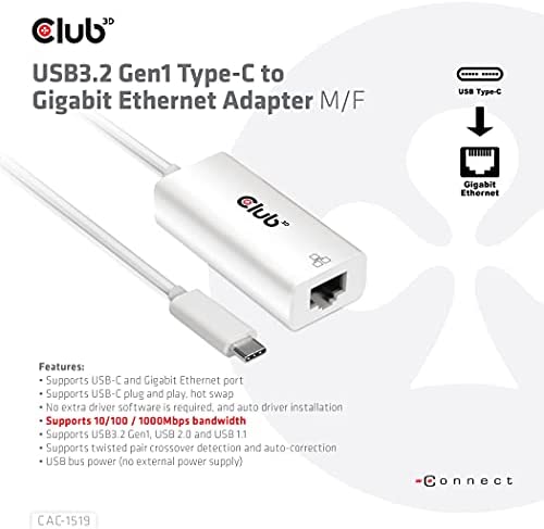 CLUB3D Usb Type C 3.1 Gen 1 Gen 1 Male Naar 1Gb Ethernet Vrouwelijke Actieve Adapter