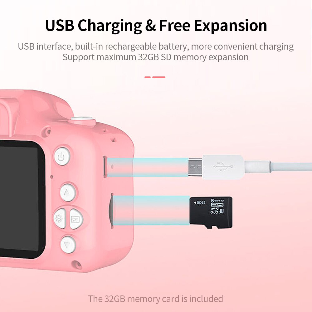 Mini cámara X2 para niños, 2 pulgadas, HD, pantalla a Color, recargable, cámara de vídeo, hermosa cámara con tarjeta de memoria de 32GB