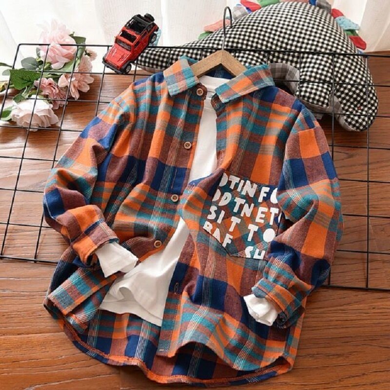 Jongens Shirt En Najaar Stijl Jongens Plaid Revers Lange Mouwen Plaid Shirt Jongens Brief Shirt Casual Wear: 150