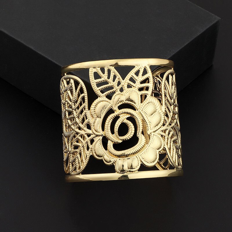 Hollow Wide Cuff Rose Flower Bracelet Bangles For Women Alloy Open Big Female Bangle Jewelry accesorios mujer