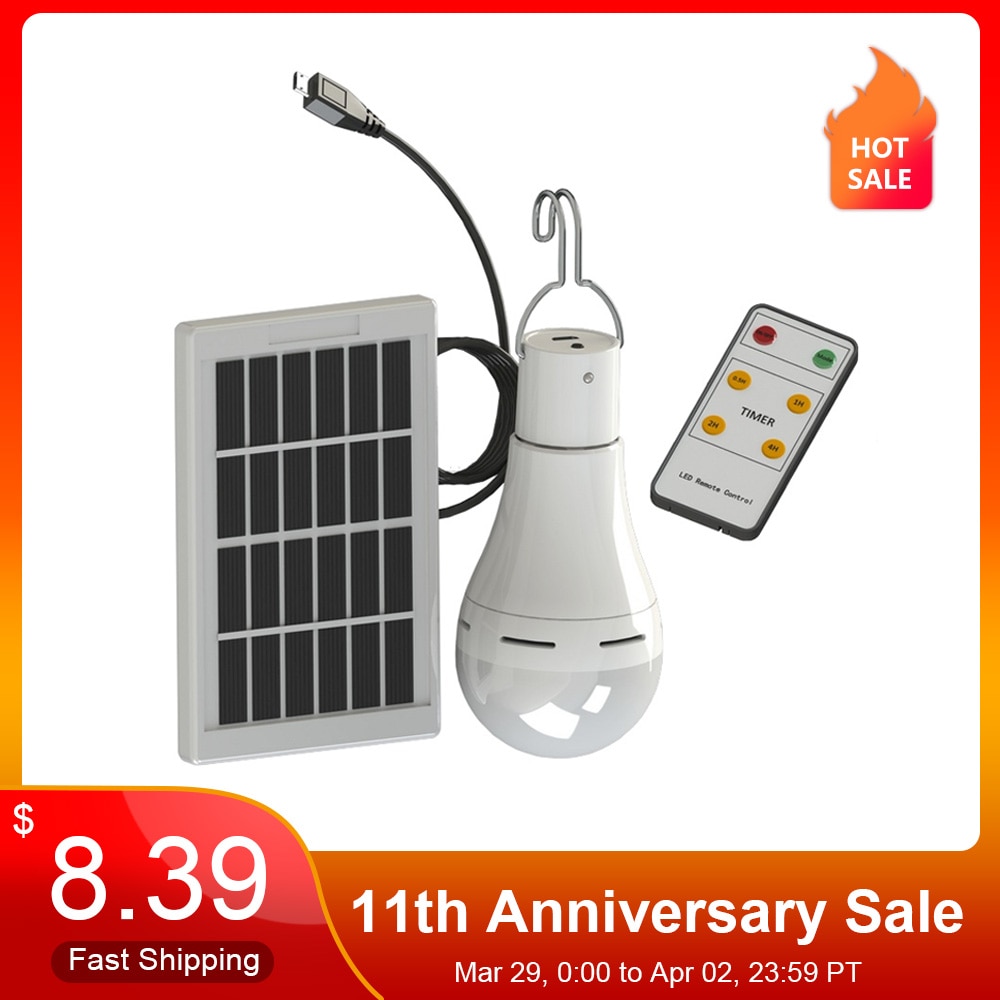 LED Solar Light Solar Bulb with Remote Control Lamp Indoor Waterproof Panel Emergency Plastic Bulb Hook Tent Lantern Outdoor
