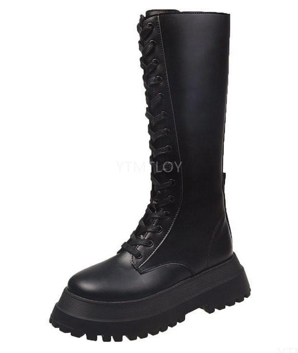 Botas de media caña con plataforma y cordones para Mujer, calzado informal de cuero Pu con cremallera antideslizante, de lujo: Black / 40