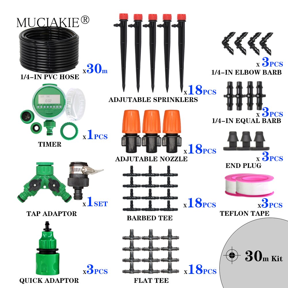 Muciakie garden 1/4 &quot; slange drypvanding automatisk vanding kit tåge spray kølesystem med justerbar drypper controller: 30m 4 l 7 timersæt