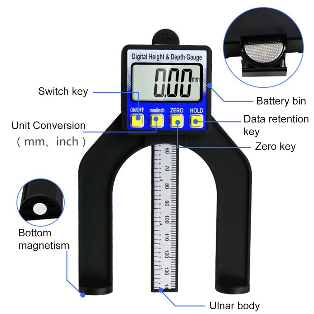 Medidor de profundidad Digital LCD de 0-80MM, calibres de carpintería, herramientas de medición de altura, apertura magnética de pie