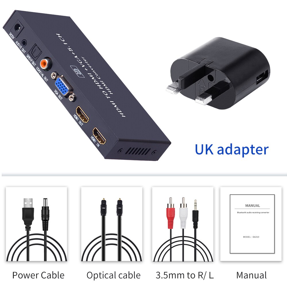 Extracteur Audio compatible HDMI vers convertisseur VGA 5.1CH Dolby AC3 DTS avec adaptateur optique SPIDF Coaxial Jack 3.5mm vga MHL HD320: Argent