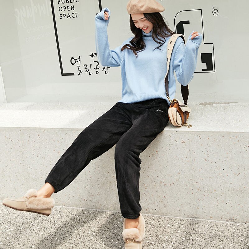 Schlaf Unterseite knapp Gedruckt Freizeit schick Flanell Weiche Warme Bequeme Frauen Koreanischen Stil Winter Schlafanzug Hosen Nachtwäsche Ulzzang: Schwarz / M