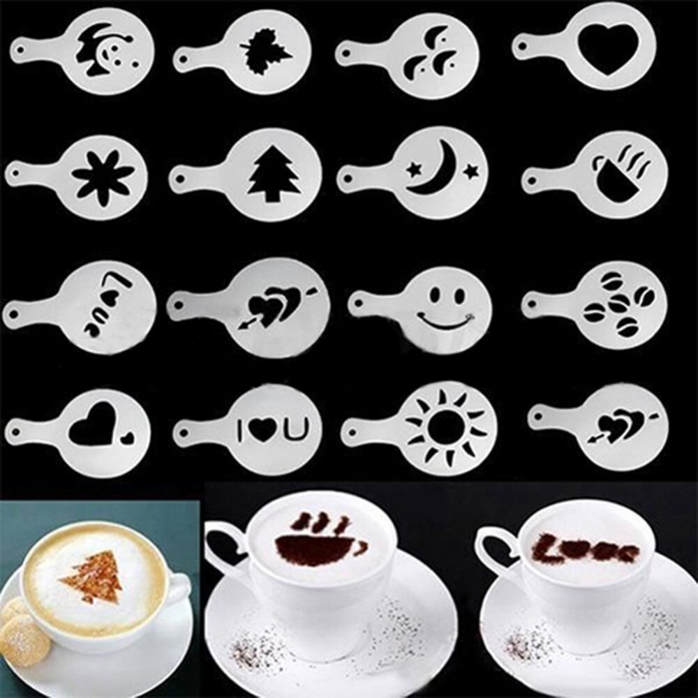 16 stk kaffe stencil filter kaffemaskine cappuccino kaffe barista skabelon skabeloner strøg blomster pad spray kunst kaffe værktøjer
