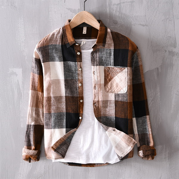 Suehaiwe 'S Italië Stijl Lange Mouwen Plaid Shirts Mannen Katoen En Linnen Shirt Mens Casual Tops Shirt Voor mannen Camisa Overhemd: coffee / XL (Asian size)