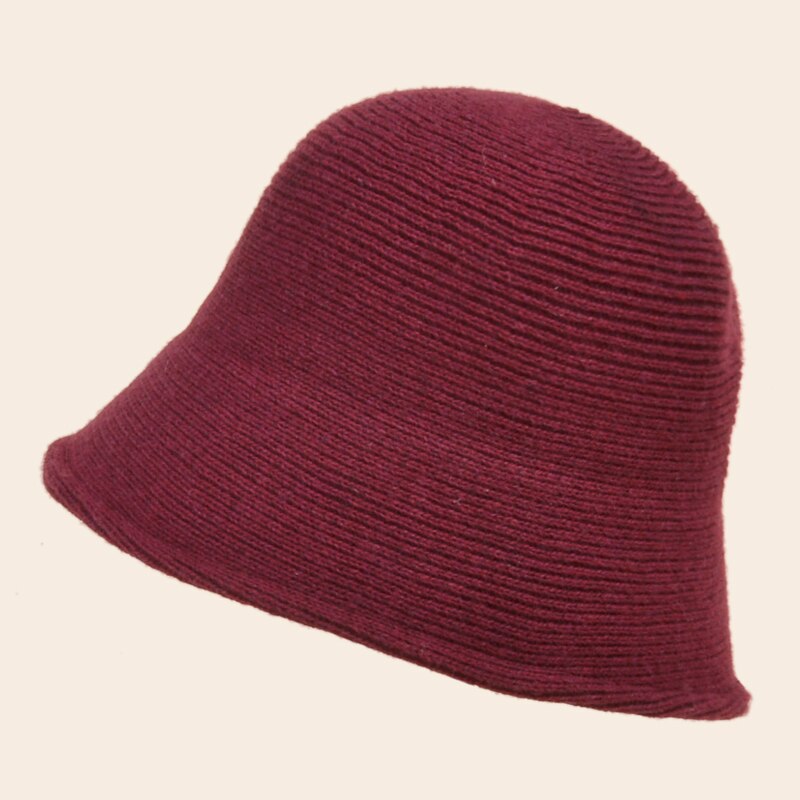 Women Wool Knitted Cylind Bucket Hat Korean Japanese Retro Autumn Winter Bell Cap Men Fisherman Hat Girl Fedora Hat: Claret