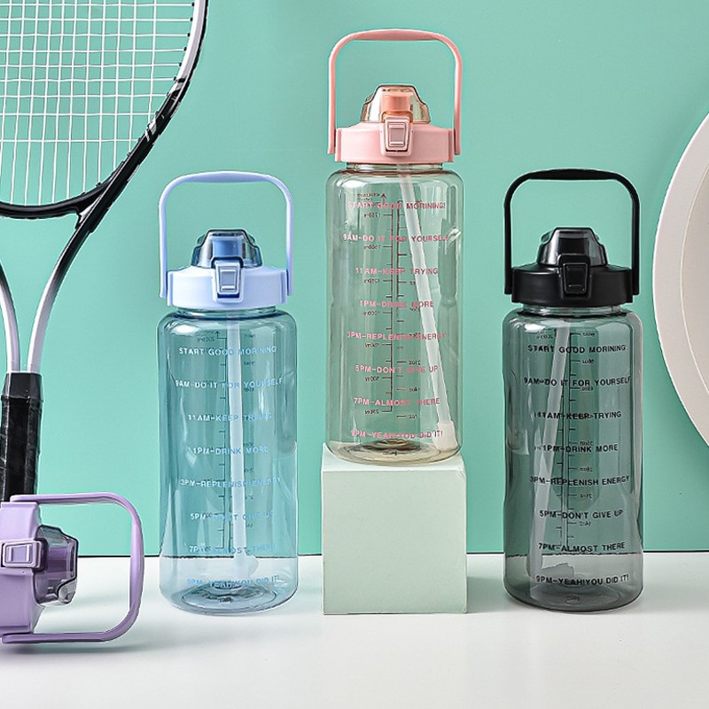 2L Grote Capaciteit Waterfles Met Tijd Marker Portable Bpa Gratis Stro Cup Lekvrij Drinken Fles Outdoor Sport Fitness Jug