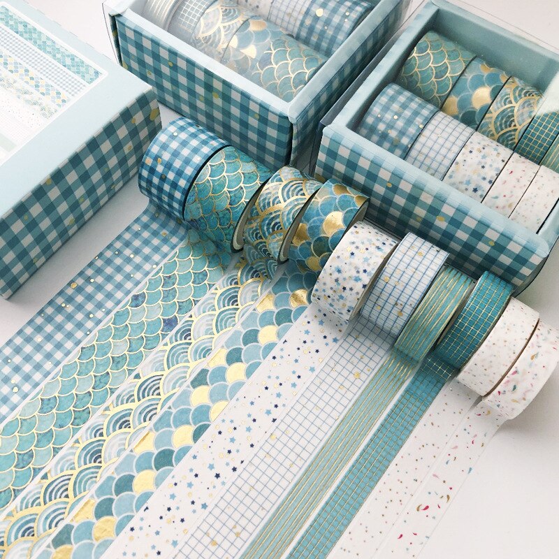 Conjunto de cintas adhesivas para decoración, papel japonés adhesivo en color oro celosía con figuras geométricas, compatible con libro de recortes, accesorios de papelería, set de 10 unidades: blue tone
