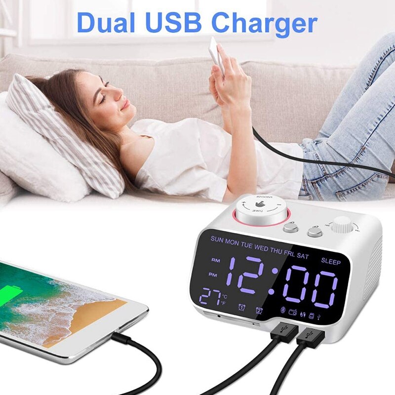 Digital Alarm Clock Radio Bluetooth Speaker,12/24 H,Dimmer,Dual Alarm,Snooze,Thermometer,Sleep Timer White US Plug