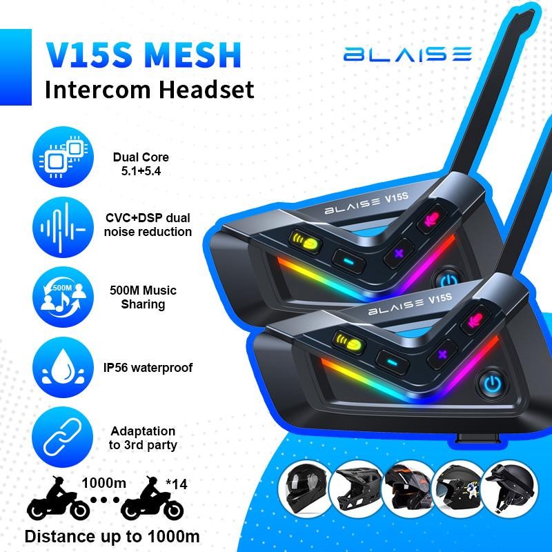 Blaise  v15s mesh intercom headset sepeda motor headset støtter 15 førere musikkdeling vanntett motorsykkel