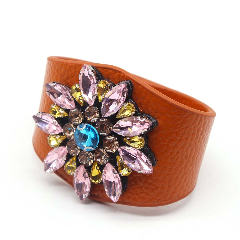 D&amp;D European Punk Wide Crystal flowers Leather Bracelets &amp; Bangles for Women Cuff Bracelet Statement Jewelry: 4