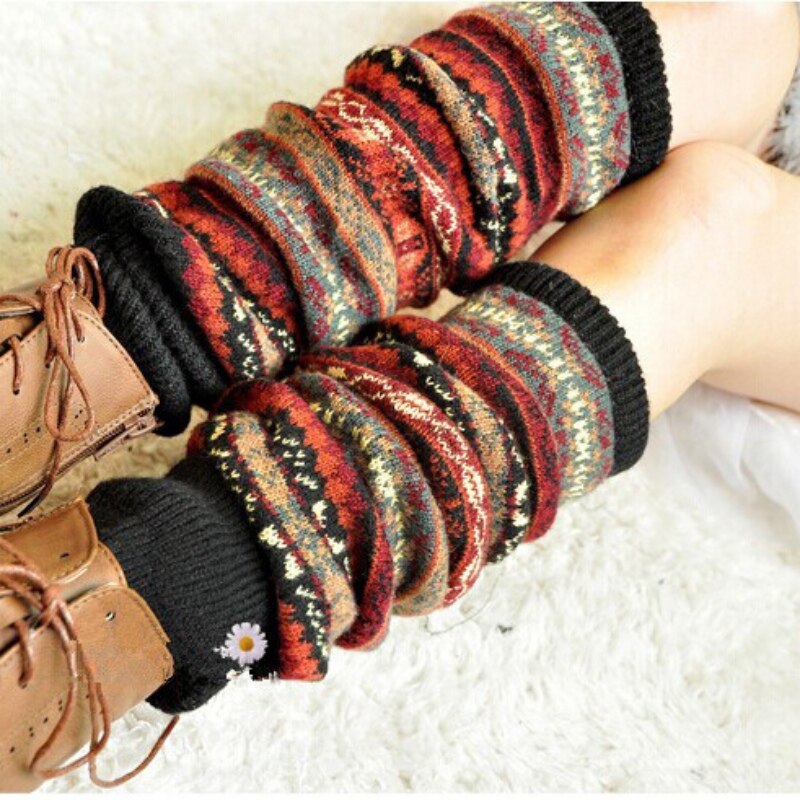 Vrouwen Winter Over Knie Lange Knit Cover Patchwork Kleurrijke Dames Gehaakte Vintage Beenwarmers Legging Chic Y2