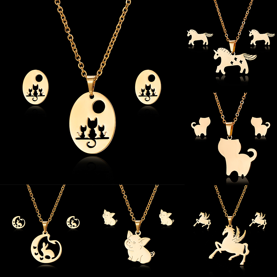 Moda ouro aço inoxidável cavalo porco coelho gato bonito animal pingente colar brincos conjunto de jóias para mulheres presente do miúdo