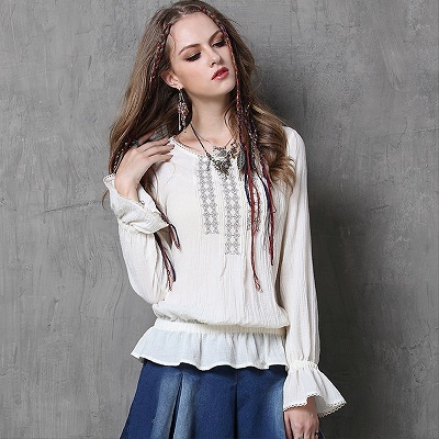 Blusa feminina yuzi høst årgang bomullsbluse o-hals broderi sommerfuglerm løse damebluser  b9536 2 farger: beige / L
