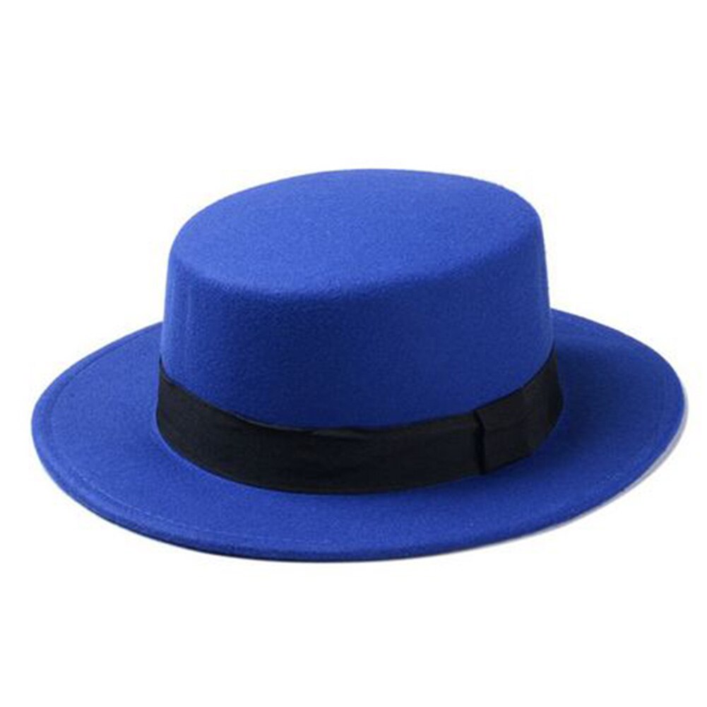 Wool Boater Flat Top Hat For Women's Felt Wide Brim Hat Laday Prok Pie Chapeu de Feltro Bowler Gambler Top Hat: Royal blue