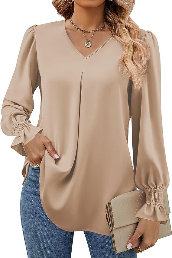 Solid Color Women's Shirt Autumn Item Solid Color Chiffon Shirt V-neck Pullover Trumpet Long Sleeved Top Blouse