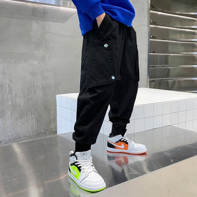 Pantalon Cargo uni pour garçon et adolescent de 4 à 14 ans, multi-poches, style Streetwear décontracté, collection printemps et automne