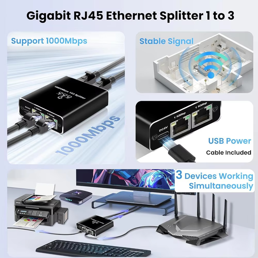 Kebidumei Gigabit Ethernet Splitter 1 a 2/3/4, 1000Mbps RJ45 LAN Internet Splitter para Hub/Switch/Router/Set-Top Box/TV Digital