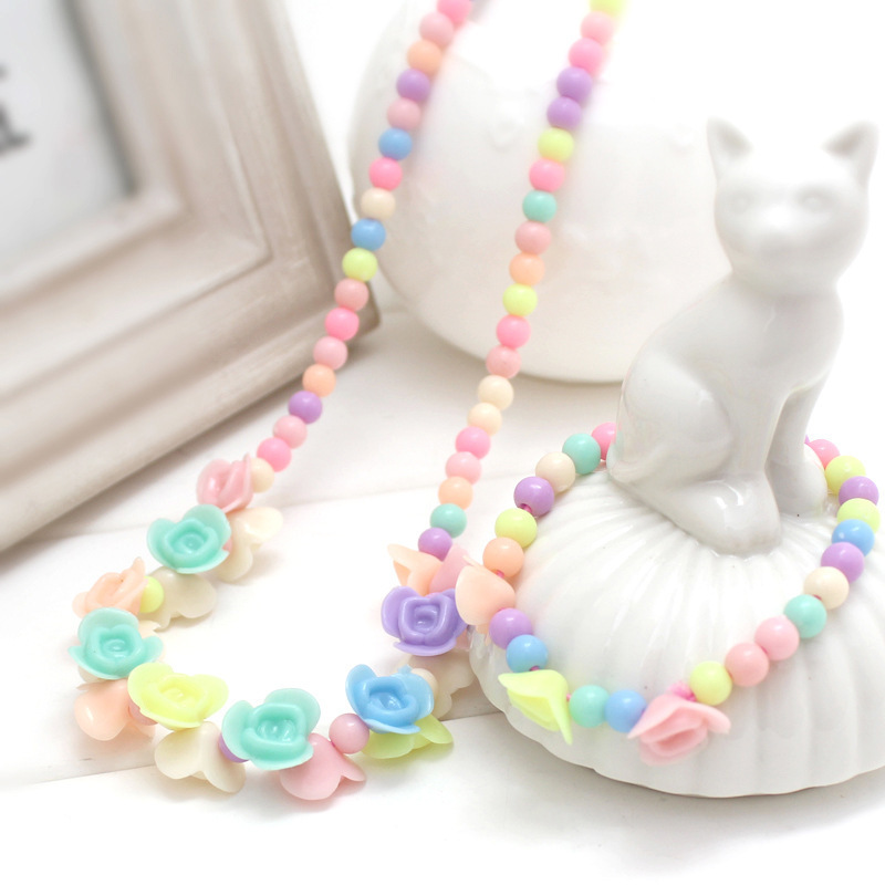 Conjunto de accesorios de princesa para niña, para niña, mezcla de colores de macarrón, cuentas acrílicas, collar y pulsera de flores: 1