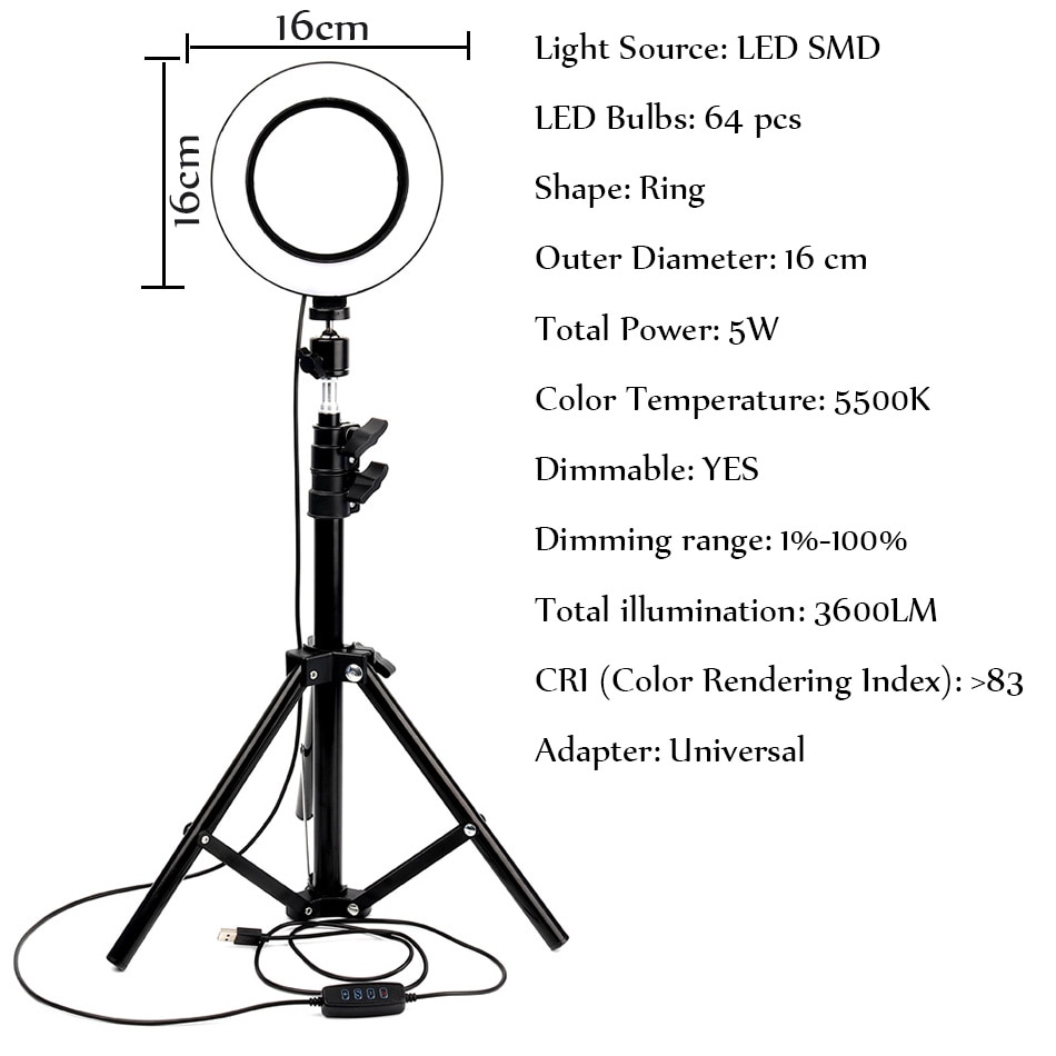 Dimmable LED Ring Light Selfie Ring Lamp Photographic Lighting with Tripod Moblie Phone Clamp Beauty fill light