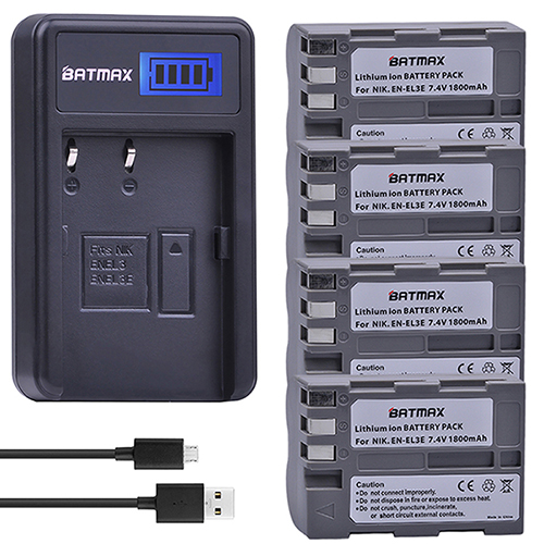 Batmax EN-EL3E es EL3E Cámara Paquete de batería + cargador USB con LCD para Nikon D90 D80 D300 D300s D700 D200 D70 D50 D70s D100 cámaras: 4 Battery set