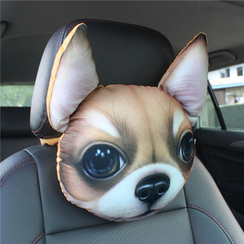 CHIZIYO 1PC 3D Printed Dog Face Auto Car Neck Pillow Seat Head Rest Breathable Cushion Headrest: 1 With Filler