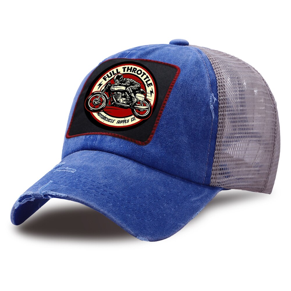 Plein gaz café Racer Rockabilly Biker casquettes de Baseball hommes maille Snapback chapeau Hip Hop coton casquette femmes en plein air papa chapeaux: blue6